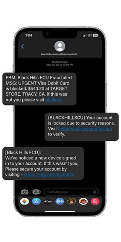 Image of Smartphone screen displaying three fraudulent text messages.